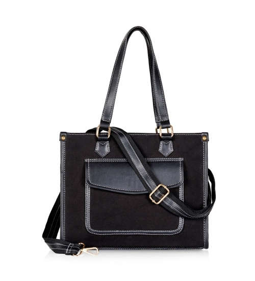 Women's Canvas Medium Top handle Satchel Zipper Handbag (Black)