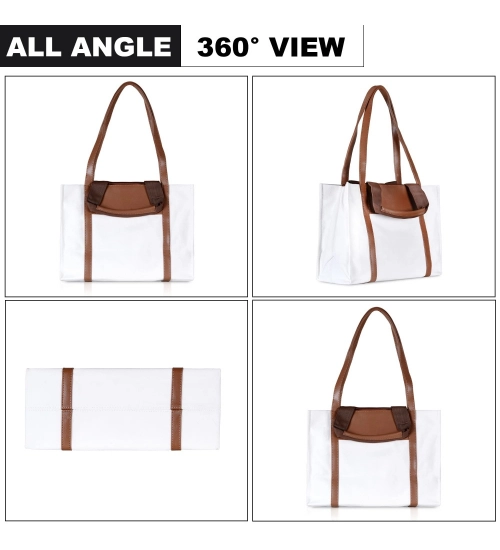Women's Canvas Medium Top handle Satchel Zipper Handbag (White)