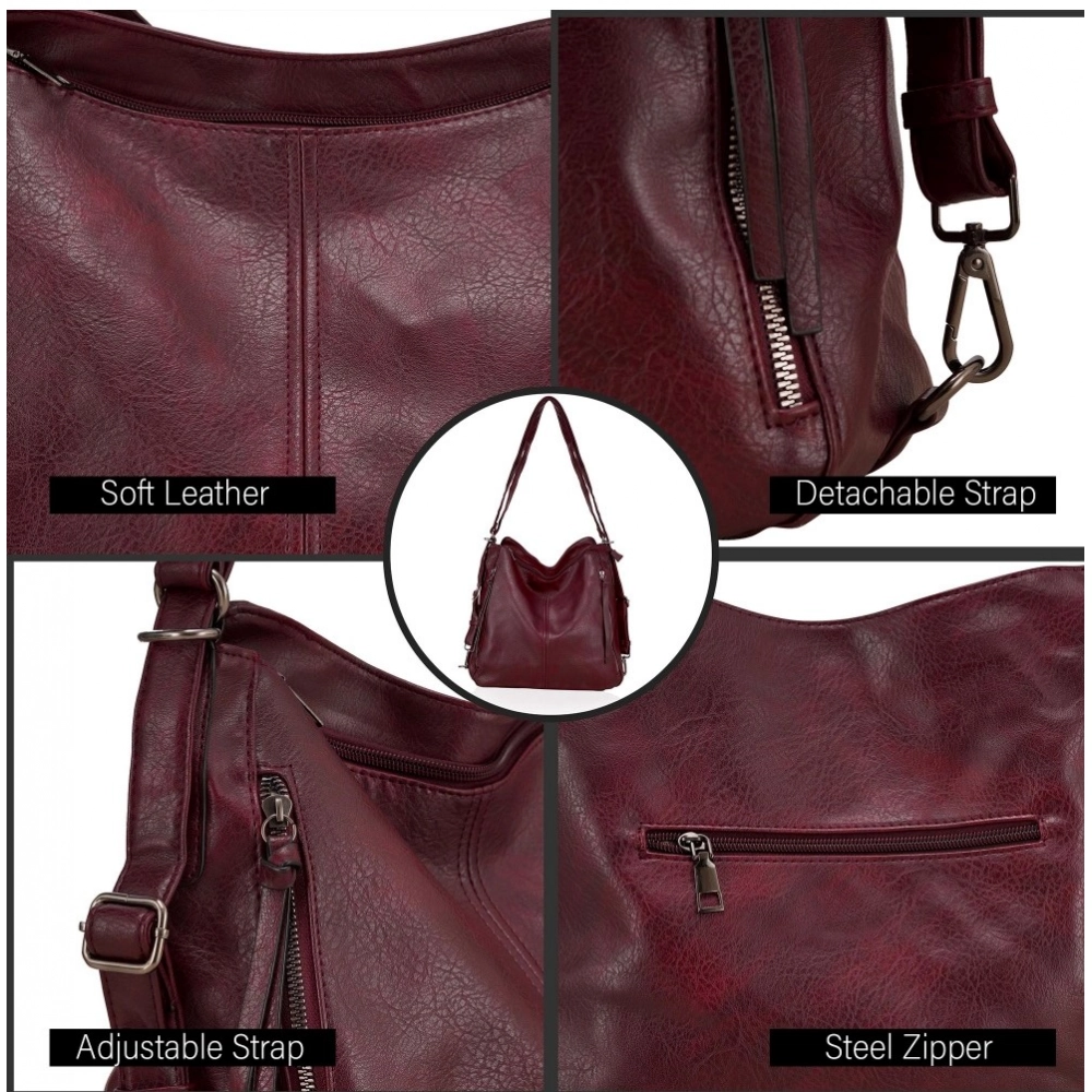 Beastofcloud Women's PU Leather Medium Shoulder Zipper Handbag (Wine red)
