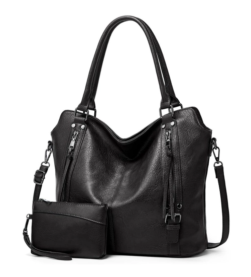 Women's PU Leather Large Shoulder Zipper Handbag (Black)