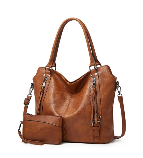 Women's PU Leather Large Shoulder Zipper Handbag (Brown)
