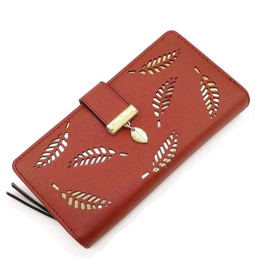 Women's Faux Leather Medium Snap Button Wallet (Brown)