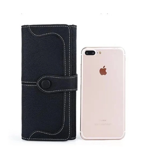 Women's Faux Leather Medium Snap Button Wallet (Black)