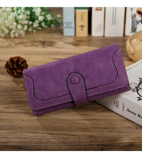Women's Faux Leather Medium Snap Button Wallet (Purple)