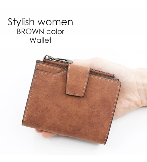 Women's Vegan Leather Small Zipper Wallet (Brown )