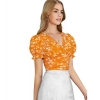 Beastofcloud Women's Knitting Printed V-Neck Puff Sleeve Tops (Yellow)