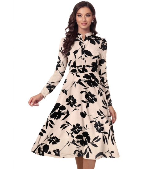 Women's Knitting Printed V-Neck Full Sleeve Dress (Cream)