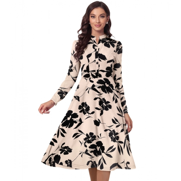 Dropship Women's Knitting Printed V-Neck Full Sleeve Dress (Cream)