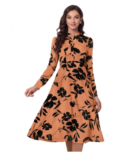 Beastofcloud Women's Knitting Printed V-Neck Full Sleeve Dresses (Orange)