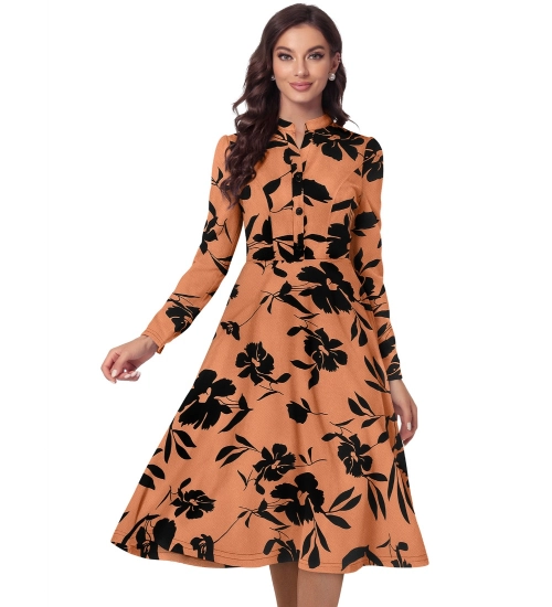 Women's Knitting Printed V-Neck Full Sleeve Dress (Orange)