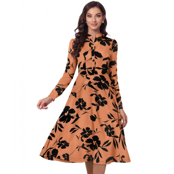 Dropship Women's Knitting Printed V-Neck Full Sleeve Dress (Orange)