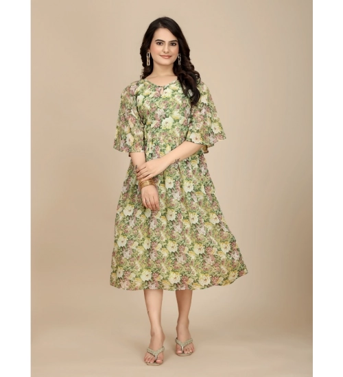 Women's Georgette Printed Round Neck Short Sleeve Dress (Green)