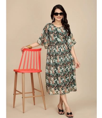 Beastofcloud Women's Georgette Printed Round Neck Short Sleeve Dresses (Black)