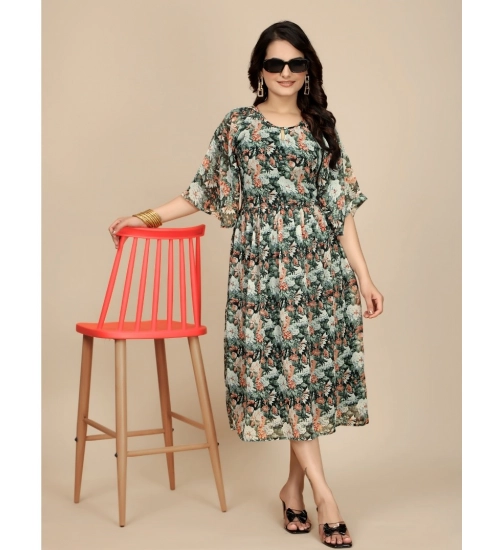 Women's Georgette Printed Round Neck Short Sleeve Dress (Black)