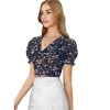 Beastofcloud Women's Knitting Printed V-Neck Puff Sleeve Tops (Nevy Blue)