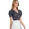 Beastofcloud Women's Knitting Printed V-Neck Puff Sleeve Tops (Nevy Blue)