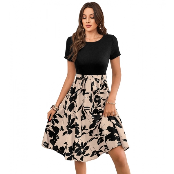 Dropship Women's Knitting Printed Round Neck Short Sleeve Dress (Cream)