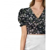 Beastofcloud Women's Knitting Printed V-Neck Puff Sleeve Tops (Black)
