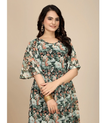 Beastofcloud Women's Georgette Printed Round Neck Short Sleeve Dresses (Black)