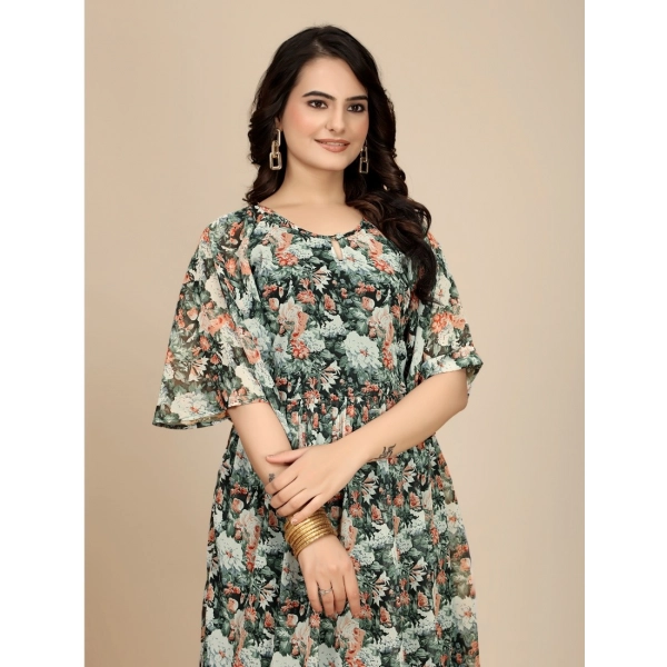 Dropship Women's Georgette Printed Round Neck Short Sleeve Dress (Black)