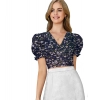 Beastofcloud Women's Knitting Printed V-Neck Puff Sleeve Tops (Nevy Blue)