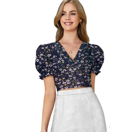 Women's Knitting Printed V-Neck Puff Sleeve Tops (Navy Blue)