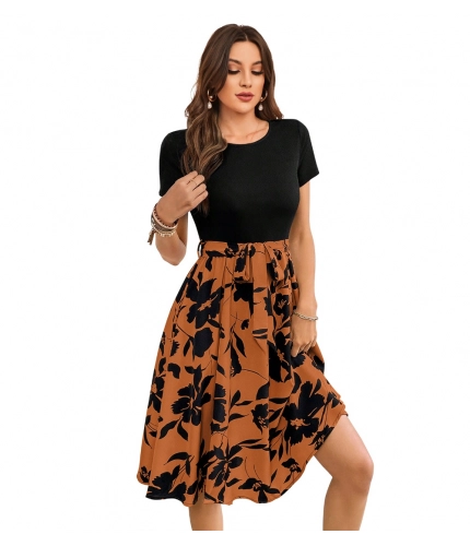 Beastofcloud Women's Knitting Printed Round Neck Short Sleeve Dresses (Orange)