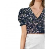 Beastofcloud Women's Knitting Printed V-Neck Puff Sleeve Tops (Nevy Blue)