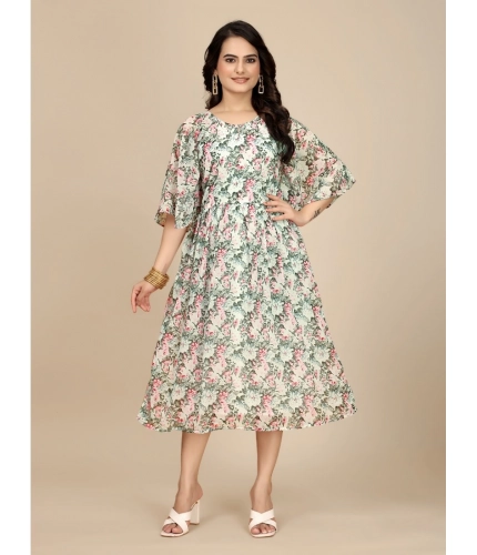 Beastofcloud Women's Georgette Printed Round Neck Short Sleeve Dresses (Pink)