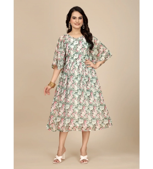 Women's Georgette Printed Round Neck Short Sleeve Dress (Pink)