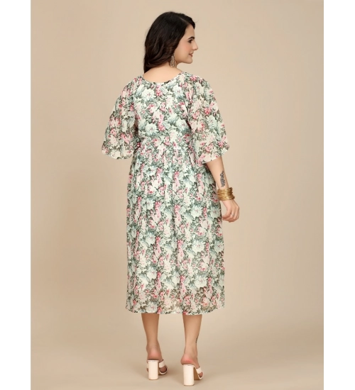 Women's Georgette Printed Round Neck Short Sleeve Dress (Pink)