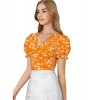 Beastofcloud Women's Knitting Printed V-Neck Puff Sleeve Tops (Yellow)