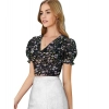 Beastofcloud Women's Knitting Printed V-Neck Puff Sleeve Tops (Black)