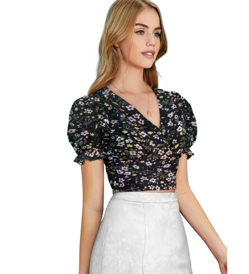 Women's Knitting Printed V-Neck Puff Sleeve Tops (Black)