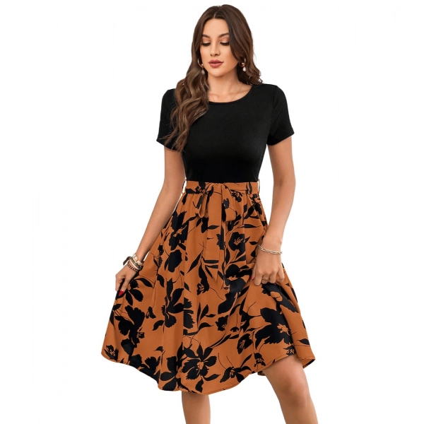 Dropship Women's Knitting Printed Round Neck Short Sleeve Dress (Orange)
