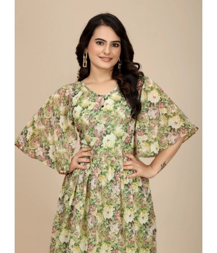 Beastofcloud Women's Georgette Printed Round Neck Short Sleeve Dresses (Green)