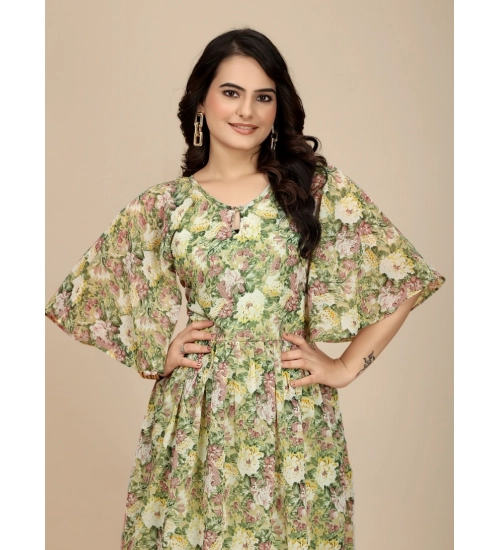Women's Georgette Printed Round Neck Short Sleeve Dress (Green)