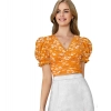 Beastofcloud Women's Knitting Printed V-Neck Puff Sleeve Tops (Yellow)
