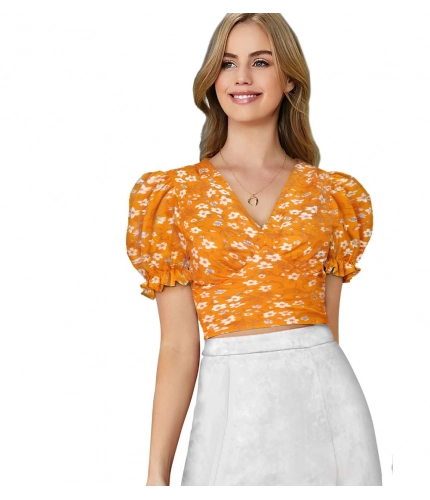Beastofcloud Women's Knitting Printed V-Neck Puff Sleeve Tops (Yellow)