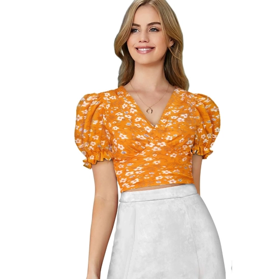 Women's Knitting Printed V-Neck Puff Sleeve Tops (Yellow)