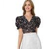 Beastofcloud Women's Knitting Printed V-Neck Puff Sleeve Tops (Black)