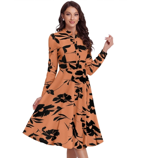 Women's Knitting Printed V-Neck Full Sleeve Dress (Orange)