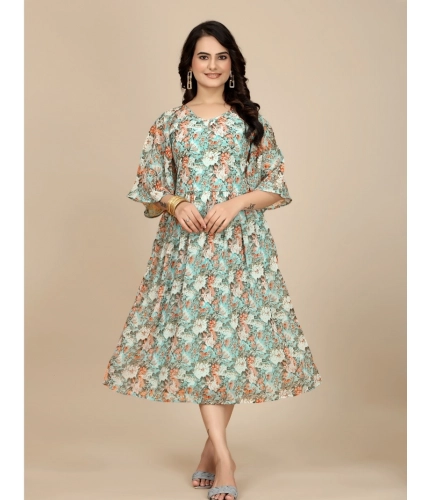Beastofcloud Women's Georgette Printed Round Neck Short Sleeve Dresses (Multicolor)