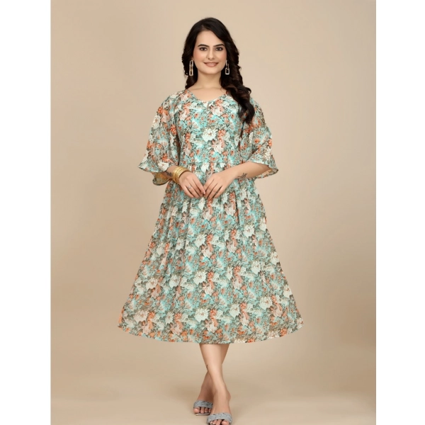 Dropship Women's Georgette Printed Round Neck Short Sleeve Dress (Multicolor)
