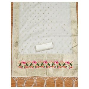 Generic Women's Banarasi Silk Printed Unstitched Salwar Suit Material With Dupatta (White, 3Mtrs)