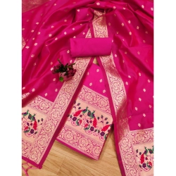 Women's Banarasi Silk Printed Unstitched Salwar Suit Material With Dupatta (Pink, 3Mtrs)