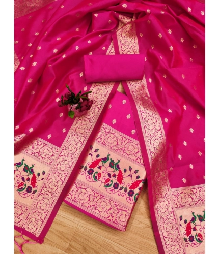 Women's Banarasi Silk Printed Unstitched Salwar Suit Material With Dupatta (Pink, 3Mtrs)