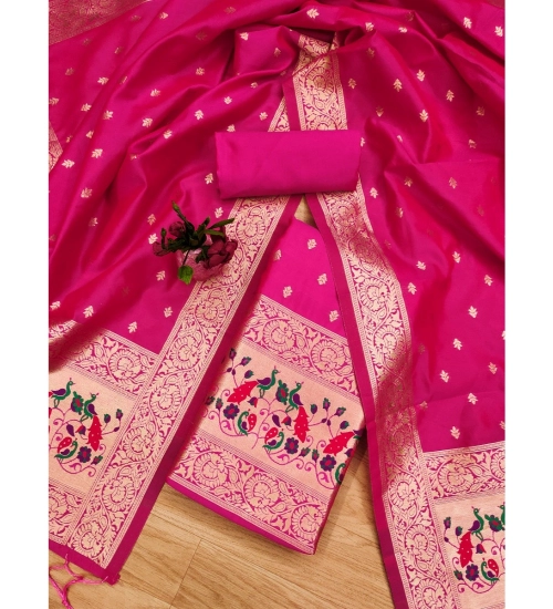 Women's Banarasi Silk Printed Unstitched Salwar Suit Material With Dupatta (Pink, 3Mtrs)