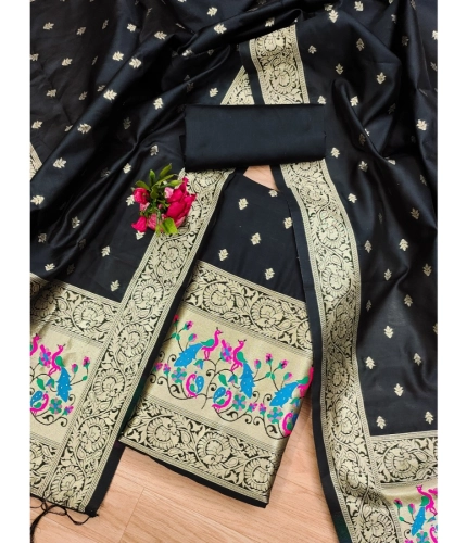 Women's Banarasi Silk Printed Unstitched Salwar Suit Material With Dupatta (Black, 3Mtrs) Women's Banarasi Silk Printed Unstitched Salwar Suit Material With Dupatta (Black, 3Mtrs)