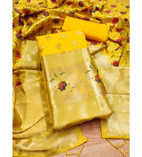 Women's Banarasi Silk Printed Unstitched Salwar Suit Material With Dupatta (Yellow, 3Mtrs)